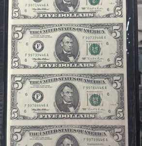 Uncut Sheet of four $5 Uncirculated Notes in Custom Folder